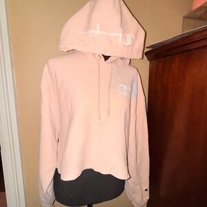 Champion Reverse Weave Hoodie Women Large Pink Good Cropped Raw Hem WL659G